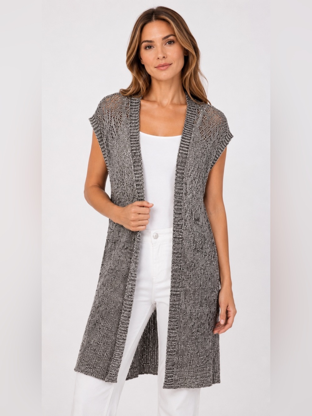 Chicos Linen Blend‎ Sleeveless Duster Open Knit Cardigan Sz 1 Gray Medium Midi M